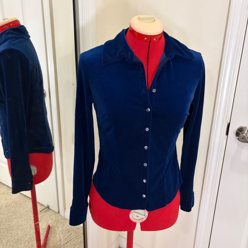 Ann Taylor Royal Blue Velvet Button Down Shirt Long Sleeve Stretch Top XS